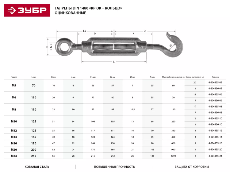 Талреп ЗУБР "ПРОФЕССИОНАЛ"  DIN 1480, крюк-кольцо, оцинкованный, кованая натяжная муфта, М14, 3 шт 4-304355-14 купить в Муравленко