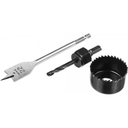 Набор для врезки замков DEXX: Коронка-чашка d=54мм, сверло перовое d=22мм, центрирующее сверло d=6мм 2949-54-H3 купить в Муравленко