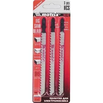 Полотна для электролобзика  по дереву, 3 шт., 75 х 2,5мм, HCS, EU- хвостовик  MATRIX 78141 купить в Муравленко