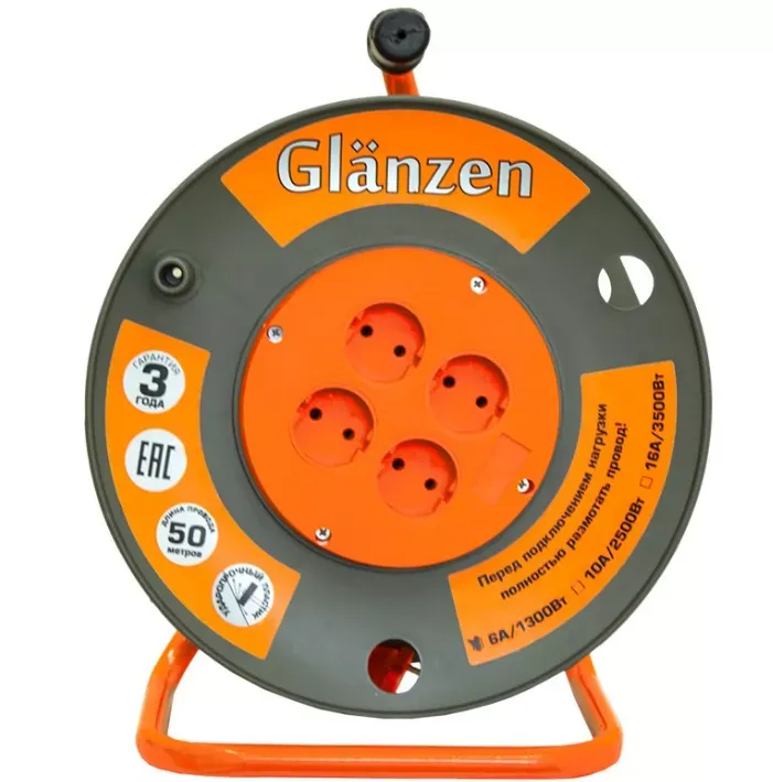 Удлинитель силовой на катушке GLANZEN 4 гн. ПВС 2х1,5 EB-50-006 купить в Муравленко