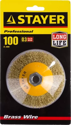 STAYER &quot;PROFESSIONAL&quot;. Щетка коническая для УШМ, витая стальная латунированная проволока 0,3мм, 100ммхМ14 35133-100 купить в Муравленко