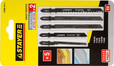 Набор STAYER &quot;PROFI&quot; Пилки &quot;УНИВЕРСАЛ №2&quot; для эл/лобзика, по дереву и металлу, EU-хвост., 5шт 15980-H5-2 купить в Муравленко