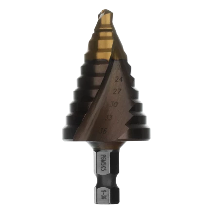Сверло ступенчатое Denzel 723616, 4-6-8-10-12-14-16-18-20-22-24-26-28-30-32 мм, Р6М5К5, 6-гр. хвостовик купить в Муравленко