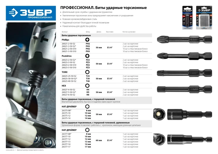 Биты ЗУБР "ПРОФИ" Phillips, тип хвостовика E 1/4", PH2, 50мм, 2шт, на карточке 26021-2-50-S2 купить в Муравленко