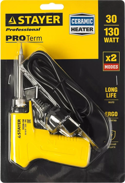 Паяльник с пистолетной пластмассовой рукояткой, STAYER "PROFI" PROTerm, 55308-130, 30 - 130 Вт, с керамическим нагревательным элементом 55308-130 купить в Муравленко