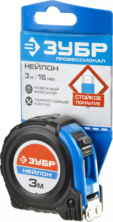 Рулетка ЗУБР "НЕЙЛОН", нейлоновое покрытие, упрочненное полотно, ударопрочный обрезиненный корпус, 3м/16мм 34056-03-16_z01 купить в Муравленко