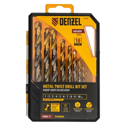 Набор сверл по металлу Denzel 723001, 1-10 мм, Р6М5-TiN, Golden Tip, 10 шт купить в Муравленко