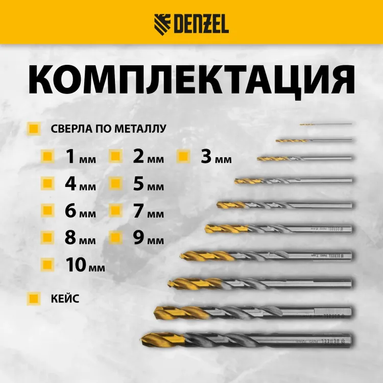 Набор сверл по металлу Denzel 723001, 1-10 мм, Р6М5-TiN, Golden Tip, 10 шт купить в Муравленко