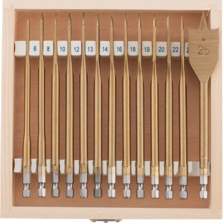 Набор сверл перовых по дереву 6-8-10-12-13-14-16-18-19-20-22-24-25 мм 13 штук деревянный кейс MATRIX 70442 купить в Муравленко