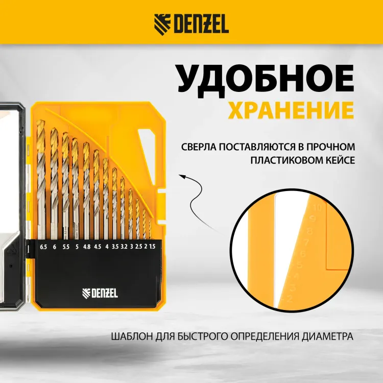 Набор сверл по металлу Denzel 723002, 1,5-6,5мм, Р6М5-TiN, Golden Tip, 13 шт купить в Муравленко