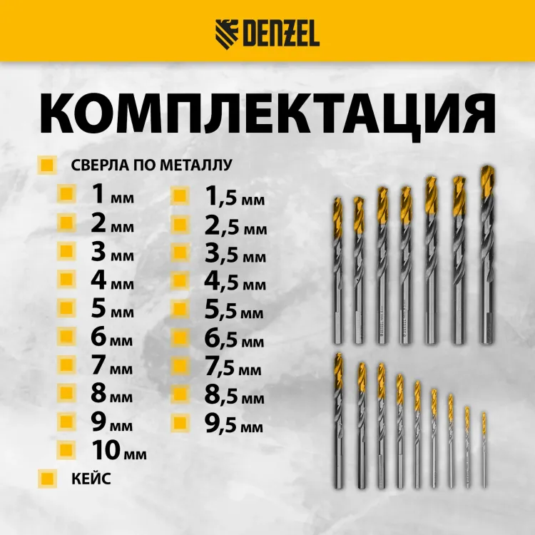 Набор сверл по металлу Denzel 723003, 1-10 мм, Р6М5-TiN, Golden Tip, 19 шт купить в Муравленко
