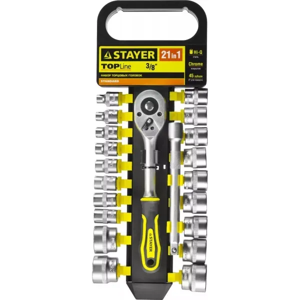 Набор STAYER "STANDARD": Торцовые головки (3/8") на пластиковом рельсе, трещотка, удлинитель, 6-24мм, 21 предмет 27752-H21 купить в Муравленко
