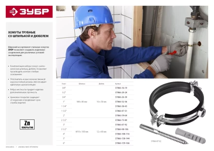 ЗУБР &quot;МАСТЕР&quot;. Хомут трубный с гайкой, оцинкованный, в комплекте с сантехнической шпилькой и дюбелем, 3&quot;, 1шт 37866-87-92 купить в Муравленко