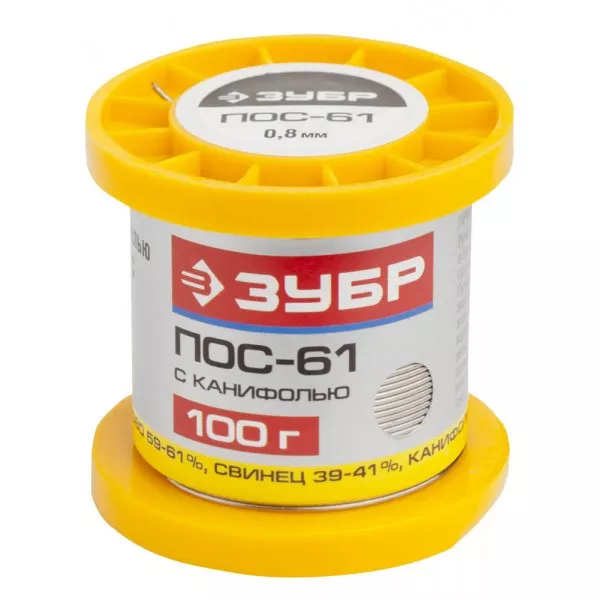 Припой ЗУБР, ПОС 61, трубка с канифолью, 100г, 0,8мм 55450-100-08C купить в Муравленко