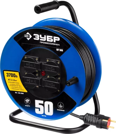 Удлинитель на катушке &quot;КГ 315&quot;, 50 м, 3700 Вт, 4 гнезда, IP44, КГ 3х1,5 кв мм, ЗУБР 55080-50 купить в Муравленко
