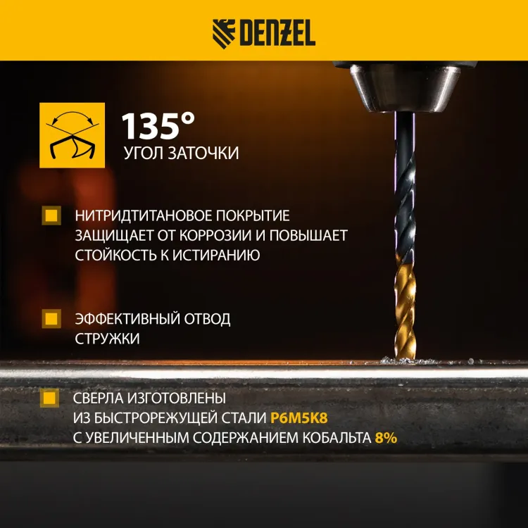 Набор сверл по металлу Denzel 723006, 1,5-6,5мм, Р6М5К8-TiN, Golden Tip, 13 шт купить в Муравленко