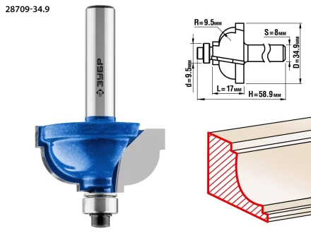 ЗУБР 34.9 x 19 мм, радиус 9.5 мм, фреза кромочная калевочная №7, Профессионал (28709-34.9) купить в Муравленко