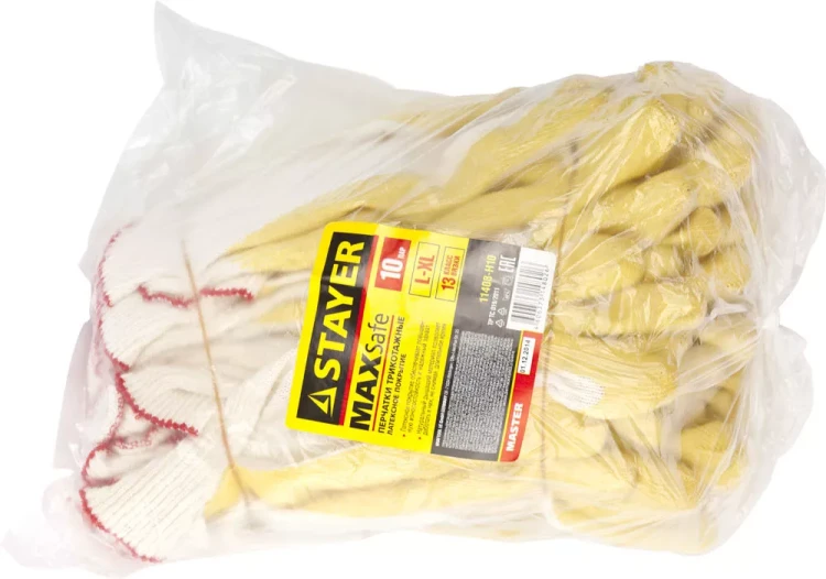 Перчатки STAYER "МASTER" MaxSafe трикотажные, обливная ладонь из латекса, х/б, 13 класс, L-XL, 10 пар 11408-H10 купить в Муравленко