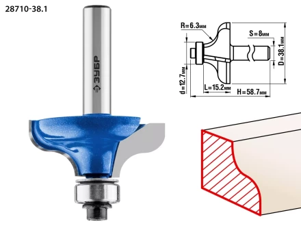 ЗУБР 38.1 x 15 мм, радиус 6.3 мм, фреза кромочная калевочная №8, Профессионал (28710-38.1) купить в Муравленко