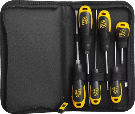 Набор JCB: Отвертки, хромомолибденовая сталь S2, двухкомпонентные рукоятки, магнитный наконечник, 7 предм, чехол JSD019 купить в Муравленко