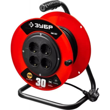 Удлинитель на катушке &quot;ПВС 307&quot;, 30 м, 2500 Вт, 4 гнезда, ПВС 3х0,75 кв мм, ЗУБР 55083-30 купить в Муравленко