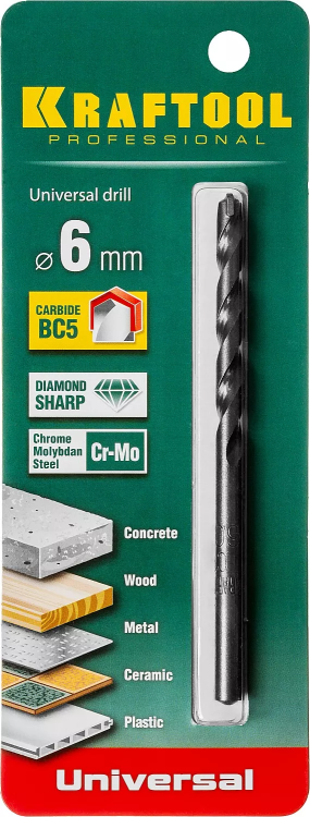 Сверло "UNIVERSAL" по бетону, металлу, дереву, KRAFTOOL PROFESSIONAL 29172-100-6, 6 х 100 мм 29172-100-6_z01 купить в Муравленко