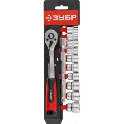 Набор ЗУБР "МАСТЕР": Торцовые головки (3/8") на пластиковом рельсе, трещотка, удлинитель, Cr-V, 10-19мм, 12 предметов 27646-H12