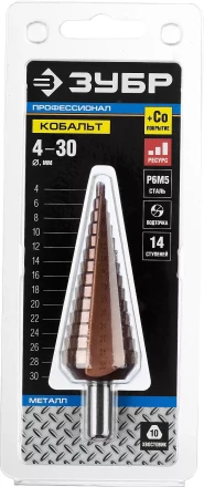 Сверло ЗУБР &quot;КОБАЛЬТ&quot; ступен. по сталям, цв.мет.ст.Р6М5 с кобальт.покрыт.d4-30 мм,14ст.d4-30, L-100мм, трехгр.хв. 10мм 29672-4-30-14 купить в Муравленко