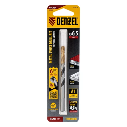 Сверло спиральное по металлу Denzel 6,5 x 93мм, Р6М5, Golden Tip, многогранная заточка, 718279 купить в Муравленко