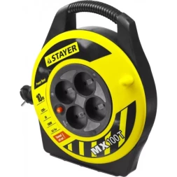Удлинитель на катушке "MX100T", 10 м, 4 гнезда, ПВС 2x0,75 кв мм, 1300 Вт, STAYER 55071-10
