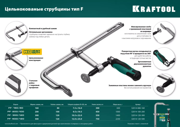 Струбцина KRAFTOOL FORGE тип F,цельнокованая 32014-080-160 купить в Муравленко
